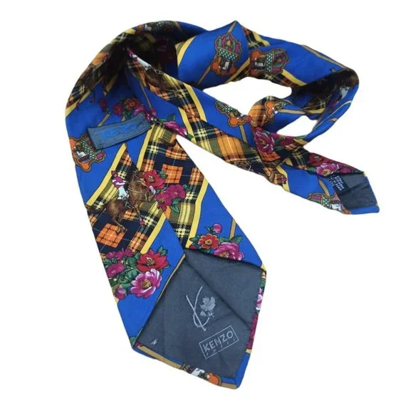 KENZO PARIS Blue Floral Equestrian Silk Tie ITALY 59"/ 4" EC - Picture 9 of 9